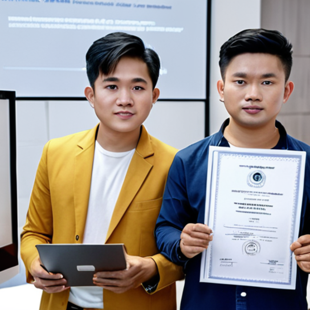 ** A young Vietnamese entrepreneur confidently presenting their innovative product, surrounded by investors, with a patent certificate prominently displayed. Focus on a modern, tech-startup vibe.

**