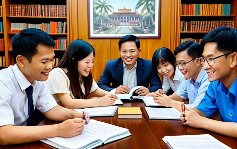**
A vibrant study group of aspiring patent lawyers in Vietnam, working together on complex legal problems. They are surrounded by books and notes, some smiling and collaborating, others deep in thought. The atmosphere is supportive and encouraging. Focus on a sense of shared learning and community.
**