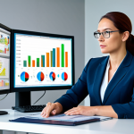 A professional female intellectual property lawyer in a modest business suit, seated at a sleek modern desk, actively reviewing financial data on a large monitor. The screen displays charts and graphs related to cash flow projections and budget analysis. The office background is contemporary and organized, featuring soft, diffused lighting. She has a focused, determined expression, and her posture is natural and professional. The scene emphasizes proactive financial planning and the use of technology in legal practice. fully clothed, appropriate attire, professional dress, safe for work, appropriate content, perfect anatomy, correct proportions, natural pose, well-formed hands, proper finger count, natural body proportions, professional photography, high quality, studio lighting.