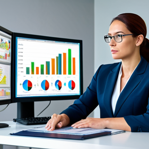 A professional female intellectual property lawyer in a modest business suit, seated at a sleek modern desk, actively reviewing financial data on a large monitor. The screen displays charts and graphs related to cash flow projections and budget analysis. The office background is contemporary and organized, featuring soft, diffused lighting. She has a focused, determined expression, and her posture is natural and professional. The scene emphasizes proactive financial planning and the use of technology in legal practice. fully clothed, appropriate attire, professional dress, safe for work, appropriate content, perfect anatomy, correct proportions, natural pose, well-formed hands, proper finger count, natural body proportions, professional photography, high quality, studio lighting.