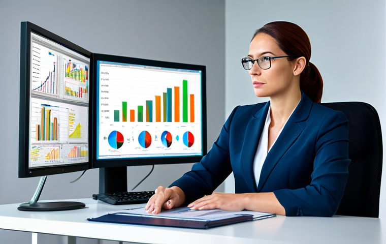 A professional female intellectual property lawyer in a modest business suit, seated at a sleek modern desk, actively reviewing financial data on a large monitor. The screen displays charts and graphs related to cash flow projections and budget analysis. The office background is contemporary and organized, featuring soft, diffused lighting. She has a focused, determined expression, and her posture is natural and professional. The scene emphasizes proactive financial planning and the use of technology in legal practice. fully clothed, appropriate attire, professional dress, safe for work, appropriate content, perfect anatomy, correct proportions, natural pose, well-formed hands, proper finger count, natural body proportions, professional photography, high quality, studio lighting.
