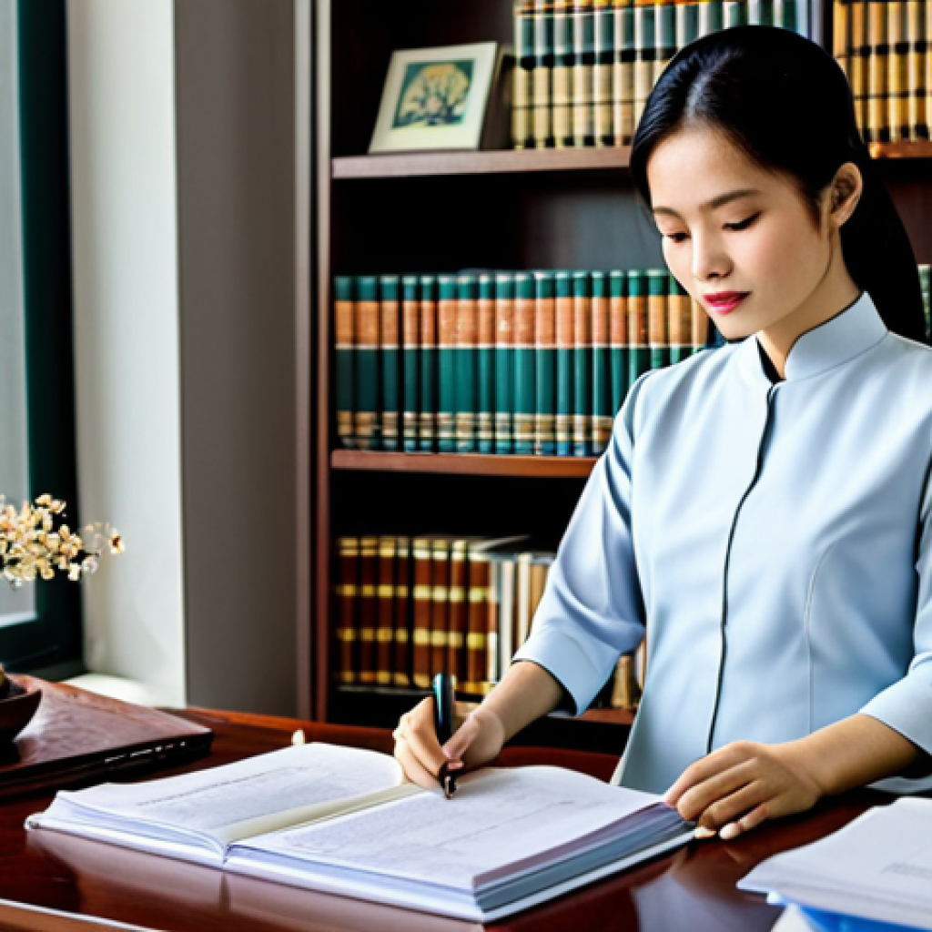 변리사 연봉 협상 전략 - **A young Vietnamese lawyer in a modern, sunlit Hanoi office. She's wearing a stylish, modest ao dai...