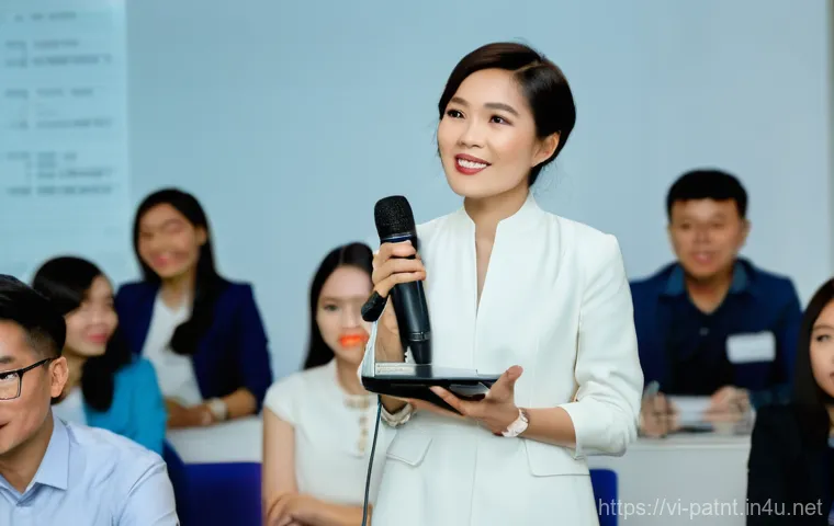 변리사 실무에서의 커뮤니케이션 전략 - **Prompt:** A dynamic, tech-savvy scene featuring a Vietnamese male intellectual property lawyer in ...