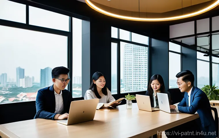 변리사로 이직 후 생활 - **Prompt:** A group of diverse young Vietnamese professionals, dressed in smart business casual atti...