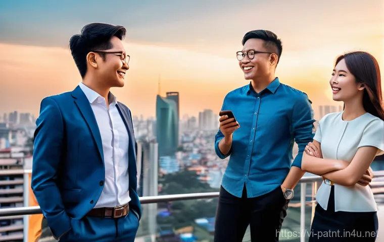 변리사와 데이터 기반의 특허 전략 - **Prompt 2: AI-Powered Patent Strategy in Vietnam**
    A brightly lit, modern tech workspace in a V...