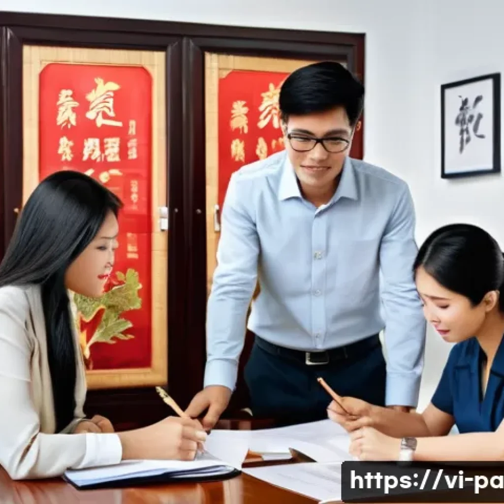 변리사 관련 법률 용어 정리 - A modern Vietnamese office scene showcasing intellectual property professionals collaborating over p...