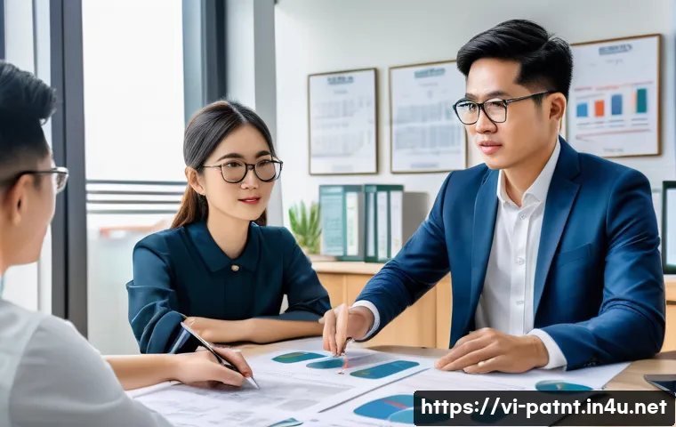 변리사와 창업 생태계 - A professional Vietnamese intellectual property lawyer in a modern office environment, advising a di...