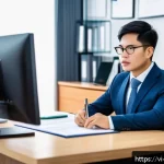 Home 16 변리사로서의 일상 브이로그 - A professional Vietnamese patent attorney in a modern office environment, reviewing complex technica...
