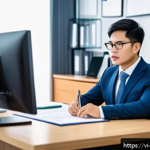 Home 28 변리사로서의 일상 브이로그 - A professional Vietnamese patent attorney in a modern office environment, reviewing complex technica...