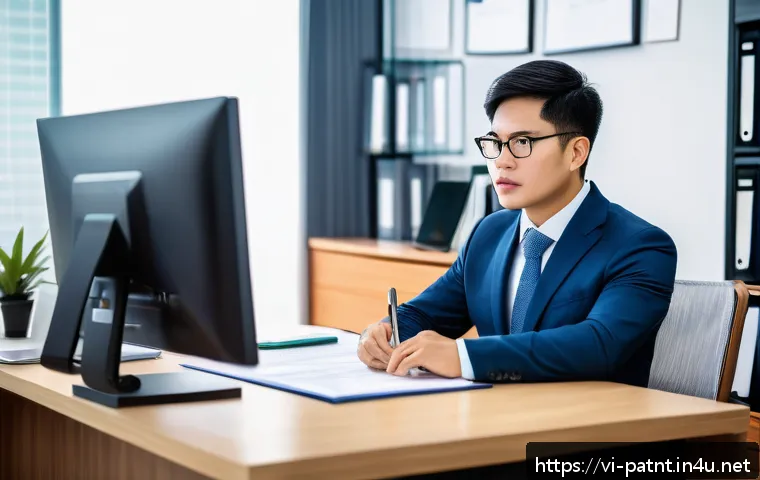 변리사로서의 일상 브이로그 - A professional Vietnamese patent attorney in a modern office environment, reviewing complex technica...