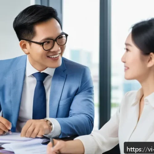 Home 15 변리사로서 고객 응대 요령 - A professional Vietnamese patent lawyer attentively listening to a middle-aged Vietnamese client in ...