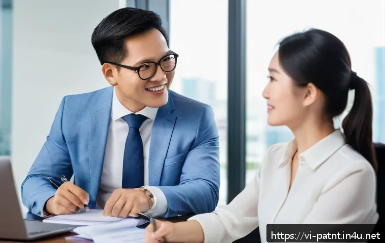 변리사로서 고객 응대 요령 - A professional Vietnamese patent lawyer attentively listening to a middle-aged Vietnamese client in ...