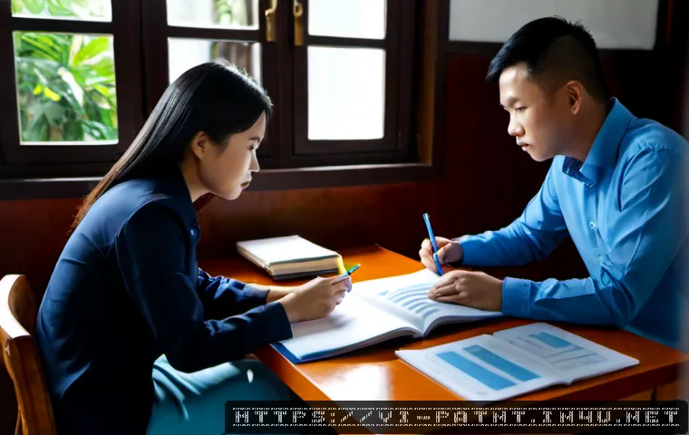 Home 17 변리사 시험을 위한 그룹 스터디 장점 - Photorealistic group study session for a Vietnamese professional licensing exam, four focused adult ...