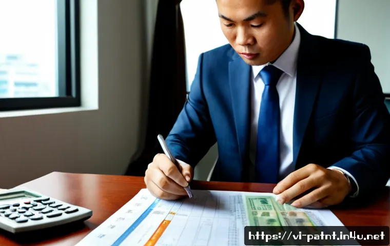 Home 30 변리사 연봉 평균 - Photorealistic Vietnamese intellectual property consultant in a smart business suit reviewing patent...